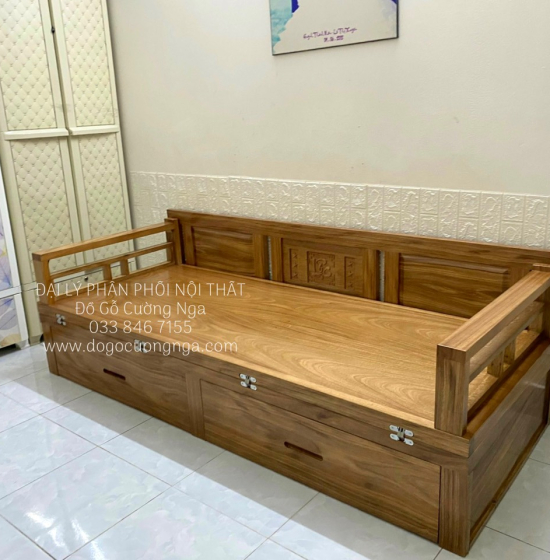 Giường Gấp Gỗ Hương Xám 2 Ngăn Kéo Bản Lề Âm Cao Cấp 