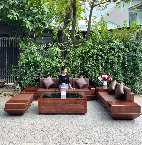 Bộ Bàn Ghế Sofa 2 Văng Thuyền Gỗ Sồi Nga Lau Màu Óc Chó Kèm Nệm