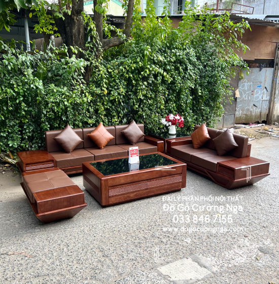 Ghế Sofa Gỗ Sồi Nga Lau Màu Óc Chó 2 Văng Thuyền 