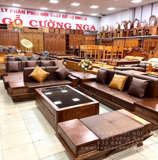 Ghế Sofa Gỗ Sồi Nga Lau Màu Óc Chó 2 Văng Thuyền 