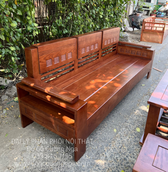 Bộ Ghế Sofa Văng Gỗ Sồi Nga 2m - Lau Màu Óc Chó Kèm Gối Tựa 