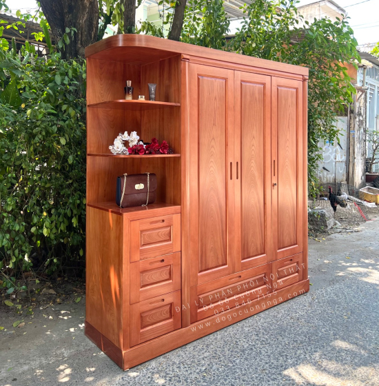 Tủ Quần Áo Gỗ Xoan Đào 3 Cánh 1m9 Kèm Kệ Trang Trí Hiện Đại 