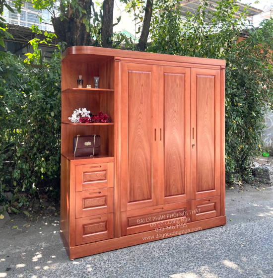 Tủ Quần Áo Gỗ Xoan Đào 3 Cánh 1m9 Kèm Kệ Trang Trí Hiện Đại 