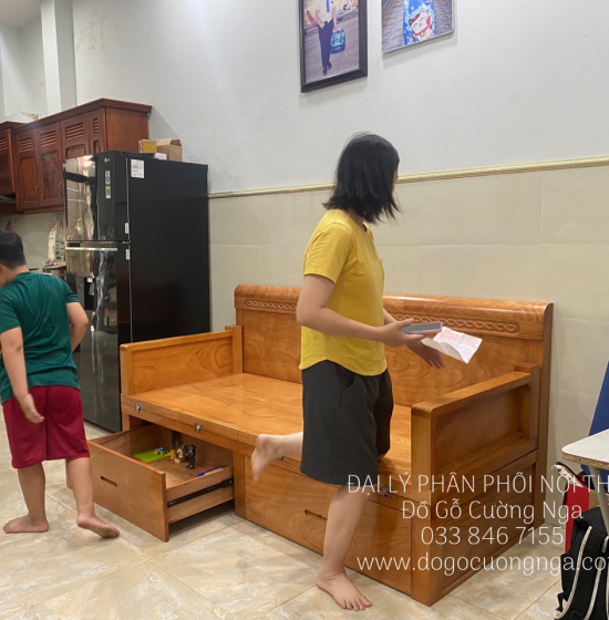 Giường Gấp Thông Minh Gỗ Gõ Đỏ 2 Ngăn Kéo Kết Hợp Bàn Sofa 