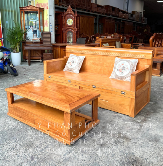 Giường Gấp Thông Minh Gỗ Gõ Đỏ 2 Ngăn Kéo Kết Hợp Bàn Sofa 