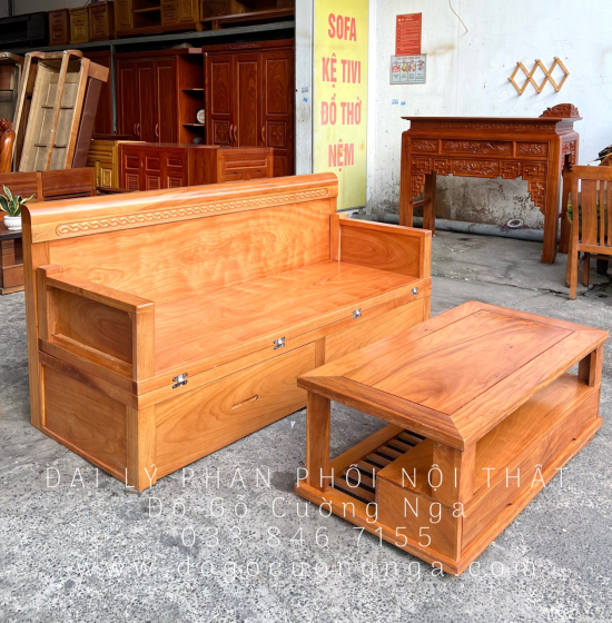 Giường Gấp Thông Minh Gỗ Gõ Đỏ 2 Ngăn Kéo Kết Hợp Bàn Sofa 