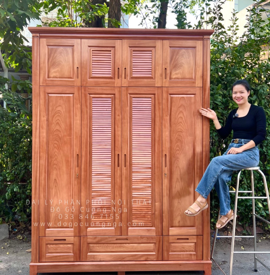 Tủ quần áo gỗ xoan đào 4 cánh - cao 2 tầng lá sách TX 31
