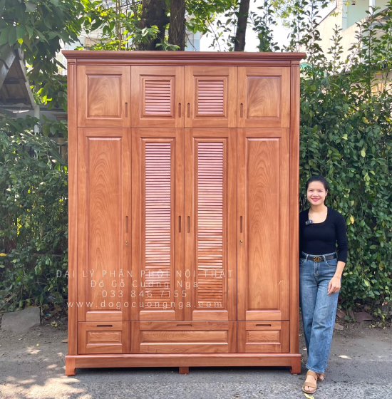 Tủ quần áo gỗ xoan đào 4 cánh - cao 2 tầng lá sách TX 31