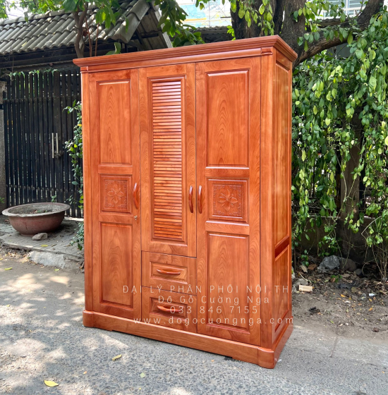 Tủ quần áo gỗ xoan đào 3 cánh mẫu hoa thị lá sách 