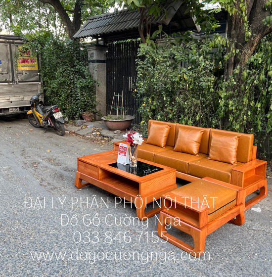 Sofa Gỗ Sồi Nga Một Văng Choãi Hiện Đại Kèm Nệm 4 Chi Tiết 