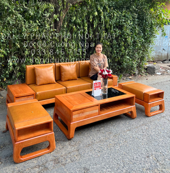 Sofa Gỗ Sồi Nga Một Văng Choãi Hiện Đại Kèm Nệm 4 Chi Tiết 