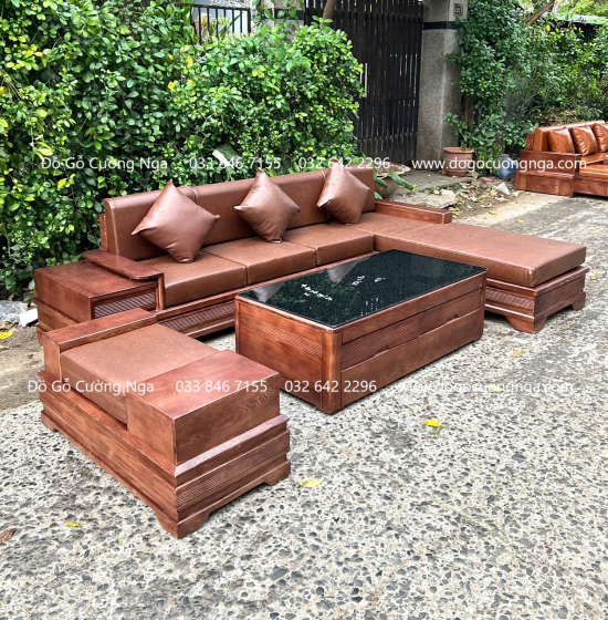 Sofa Gỗ Sồi Nga Lau Màu Óc Chó Góc L Chân Pháo 2m8x1m8 Đẹp Mắt 