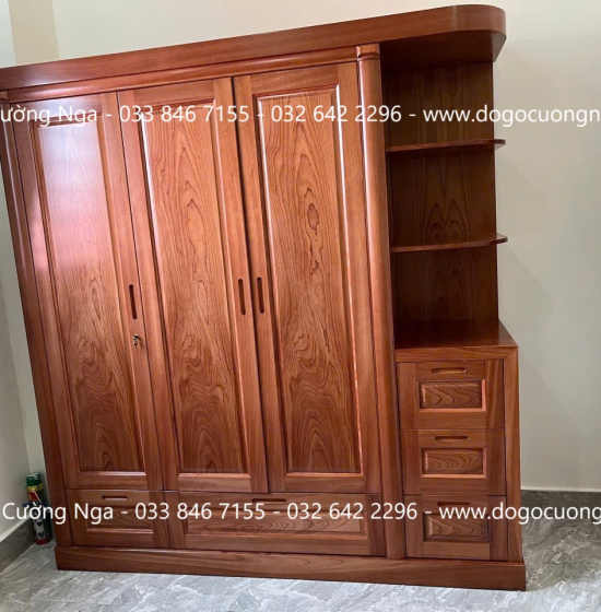 Tủ Áo Gỗ Xoan Đào 3 Cánh Kèm Kệ Góc Vế Phải Hiện Đại 