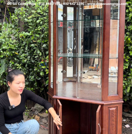 Tủ Rượu - Tủ Ly Gỗ Sồi Nga Lau Màu Óc Chó Góc 60cm 