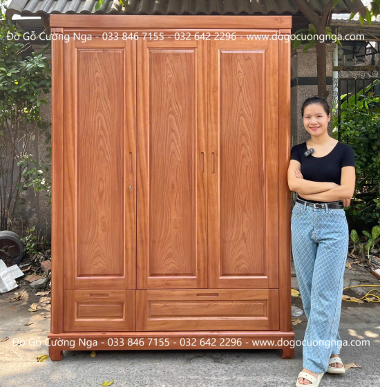 Tủ Quần Áo Gỗ Xoan Đào 3 Cánh Trơn Thiết Kế 2 Buồng 