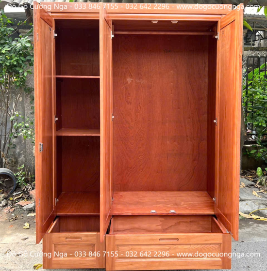 Tủ Quần Áo Gỗ Xoan Đào 3 Cánh Trơn Thiết Kế 2 Buồng 