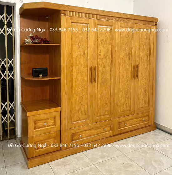 Tủ quần áo gỗ gõ đỏ 4 cánh 2m3 vế trái - kèm kệ trang trí 