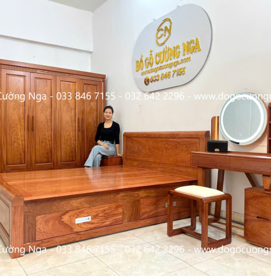 Bàn Phấn Trang Điểm Gỗ Hương Đá Tự Nhiên 1m Đèn Les Cảm Ứng 