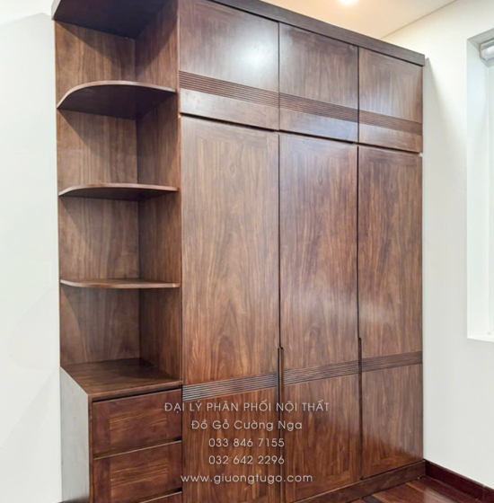 Tủ Quần Áo Gỗ Hương Xám 3 Cánh 2m3 Màu Óc Chó Kèm Kệ Trang Trí