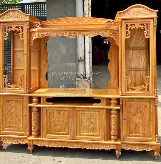 Kệ Tivi Phòng Khách Kết Hợp Tủ Rượu Gỗ Gõ Đỏ Mặt Lưng Hở Bắt Mắt