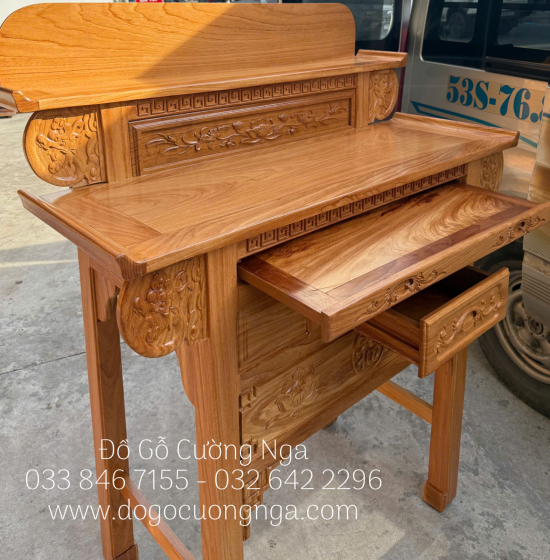 Bàn Thờ 2 Tầng Gỗ Gõ Đỏ 1m27 Chạm Sen - Chữ Phúc