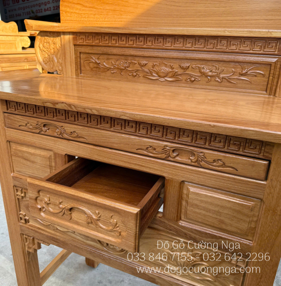 Bàn Thờ 2 Tầng Gỗ Gõ Đỏ 1m27 Chạm Sen - Chữ Phúc