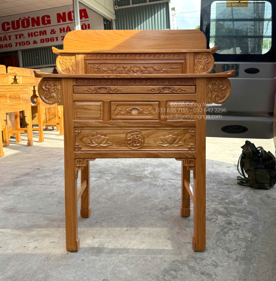 Bàn Thờ 2 Tầng Gỗ Gõ Đỏ 1m27 Chạm Sen - Chữ Phúc