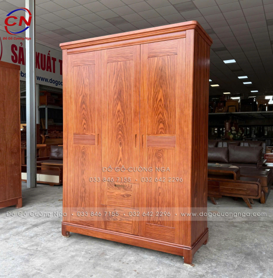 Tủ Áo Gỗ Cẩm Vân 3 Cánh Mở Thiết Kế Đơn Giản