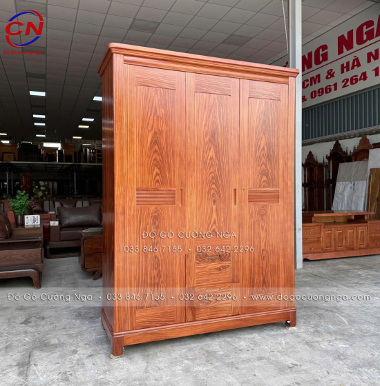 Tủ Áo Gỗ Cẩm Vân 3 Cánh Mở Thiết Kế Đơn Giản