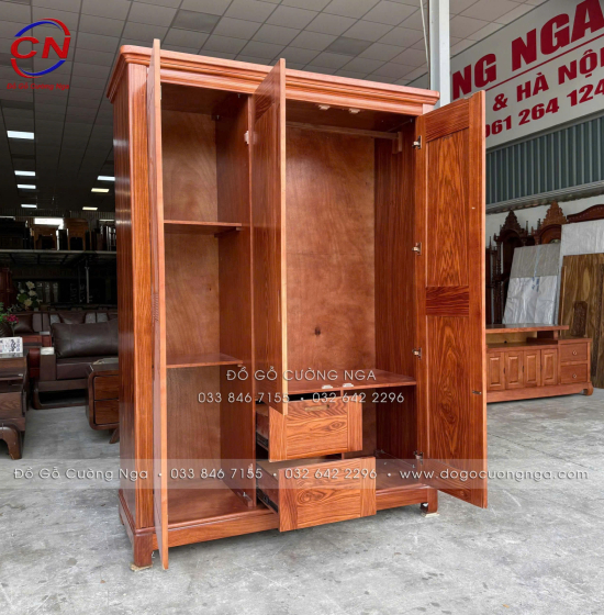Tủ Áo Gỗ Cẩm Vân 3 Cánh Mở Thiết Kế Đơn Giản