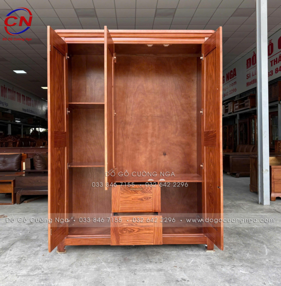 Tủ Áo Gỗ Cẩm Vân 3 Cánh Mở Thiết Kế Đơn Giản