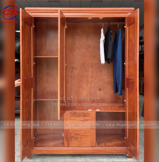 Tủ Áo Gỗ Cẩm Vân 3 Cánh Mở Thiết Kế Đơn Giản