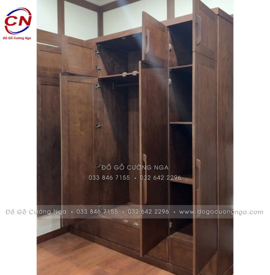 Tủ Áo Gỗ Sồi Màu Óc Chó  4 Cánh 2 Tầng – Thiết Kế Hiện Đại