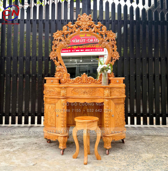 Bàn Trang Điểm Gỗ Gõ Đỏ 1m2 Thiết Kế Hoàng Gia Mặt Nguyên Tấm 3cm